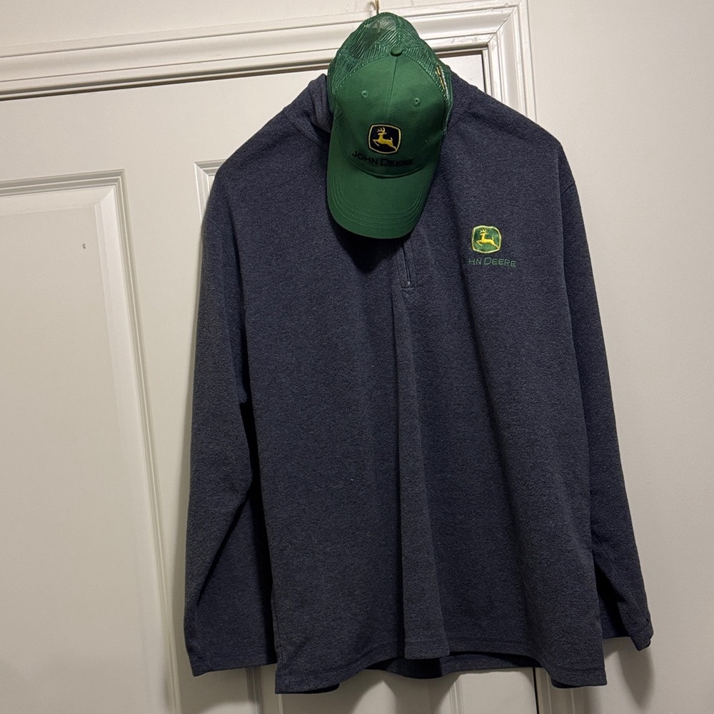 John Deere Gray Quarter Zip Up Sweater with Trucker Hat